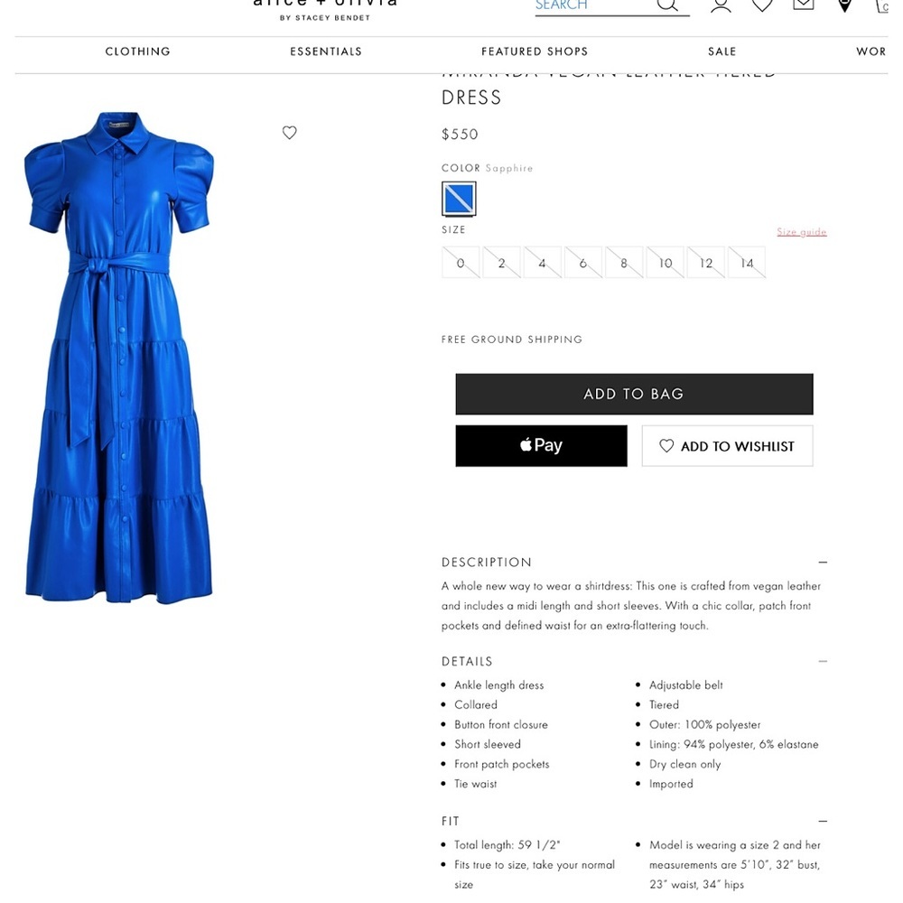 Alice + Olivia Miranda Sapphire Blue Vegan Leather Button Front Tiered Dress - Picture 3 of 16